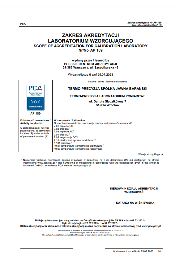 Certyfikaty- Zakres akredytacji PCA